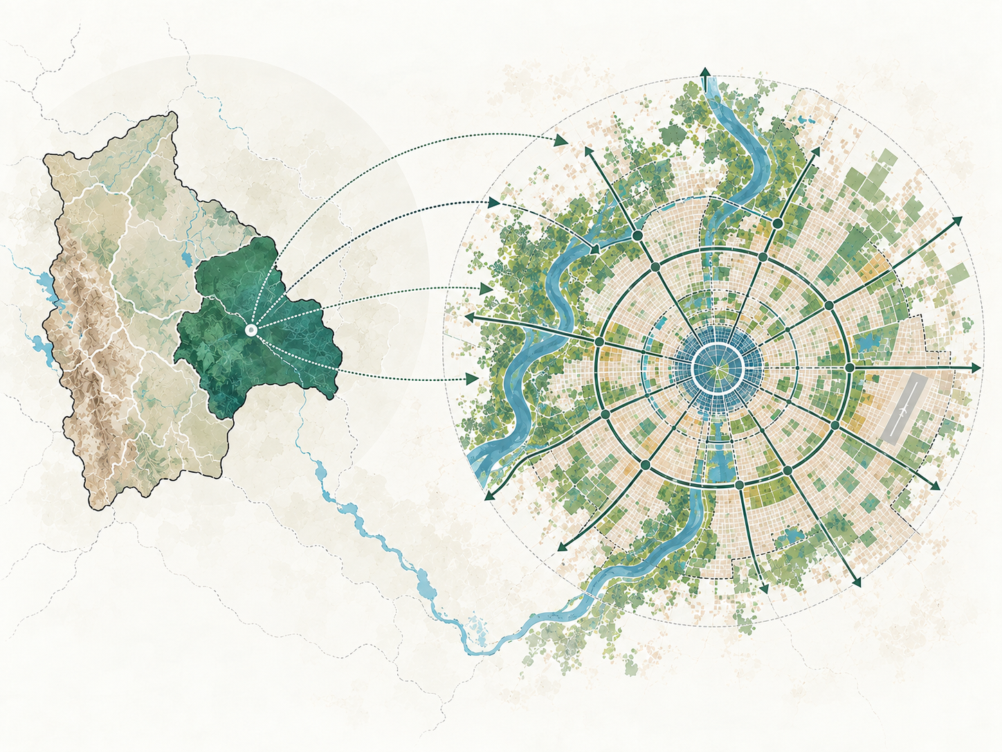 Mapa de Bolivia conectado con la cartografía urbana de Santa Cruz